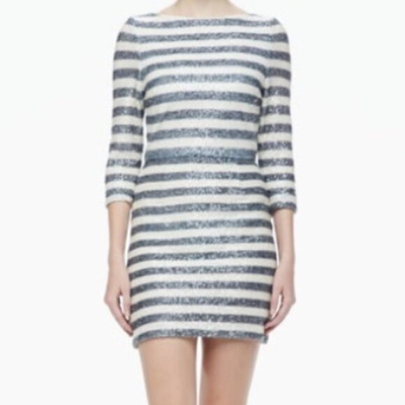 Alice + Olivia Sequin Long SLeeve Black White Stripes Mini Dress Size 10 NWOT - Picture 1 of 3